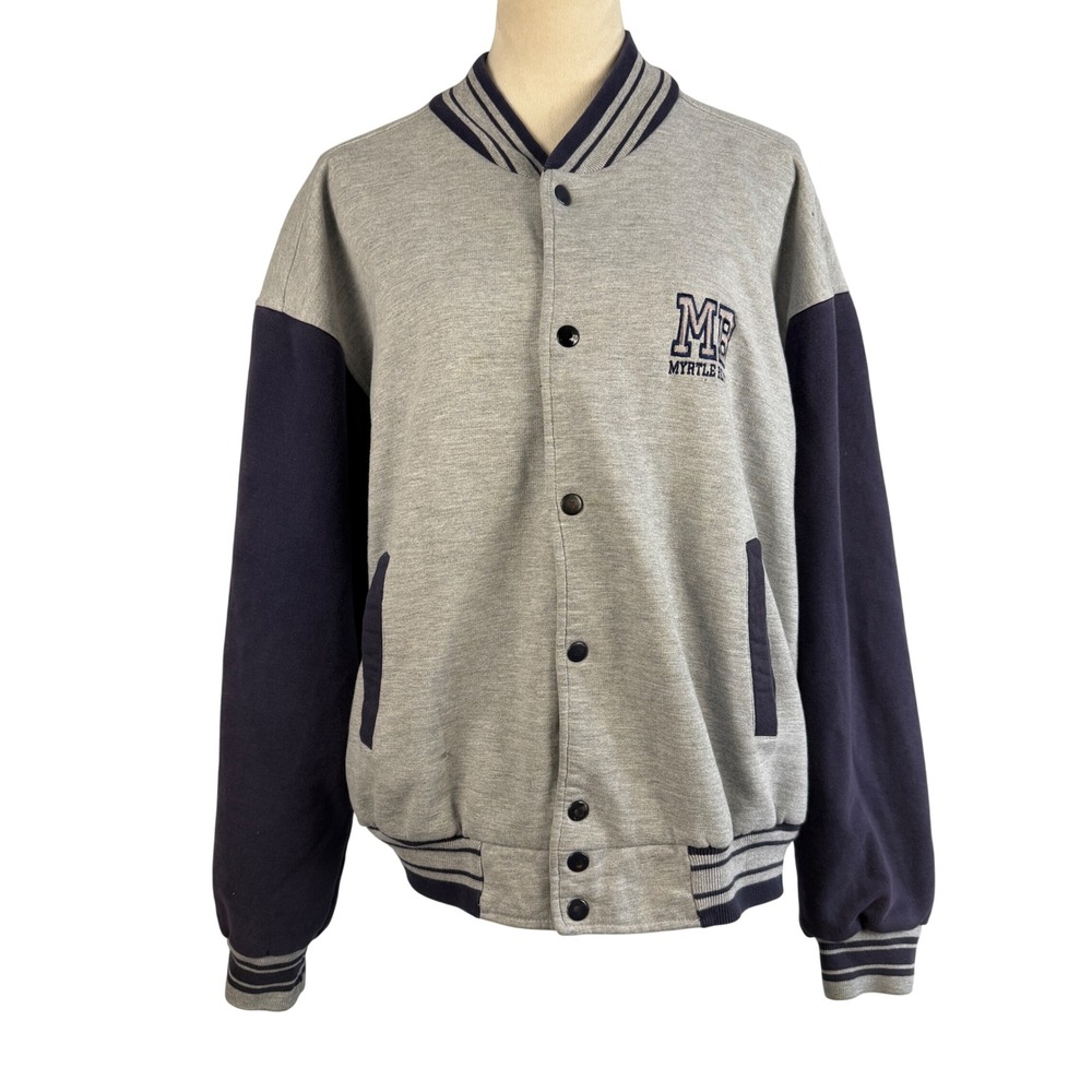 MB Myrtle Beach Varsity Jacket Gray Navy Womens XL Snap Front Retro Collegiate